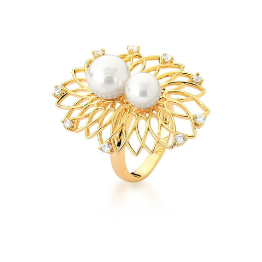 Accessorize with this ring and make a beautiful statement of style. It features a stunning pearls with a unique combination of tones and textures. The unique gold plated finish adds a timeless elegance to the ring.